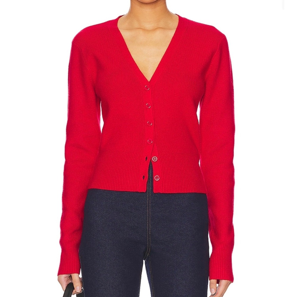 NWT GUIZIO Camelie Cardigan Top L Poppy Red Cropped Wool Angora fitted classic
